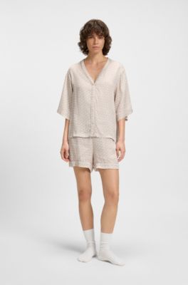 Sateen pyjama shirt with all-over monogram print, Light Beige
