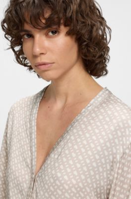 Camicia del pigiama in satin con stampa del monogramma all-over, Beige chiaro