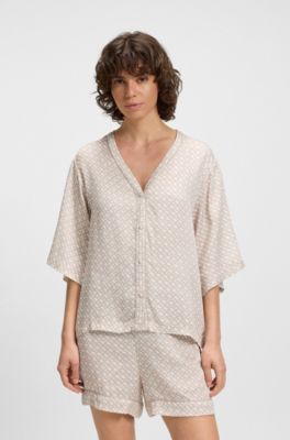 Sateen pyjama shirt with all-over monogram print, Light Beige