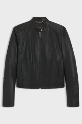 Stand-collar biker jacket in soft leather, Black