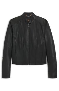 Cazadora biker de piel suave con cuello alzado, Negro