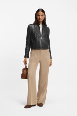 Stand-collar biker jacket in soft leather, Black
