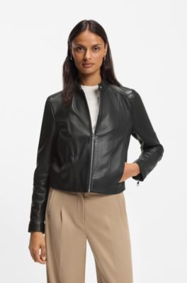Stand-collar biker jacket in soft leather, Black