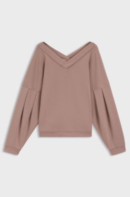 Sweatshirt met V-hals en ballonmouwen, Lichtbruin