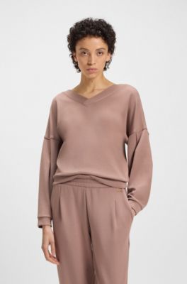 Sweatshirt met V-hals en ballonmouwen, Lichtbruin