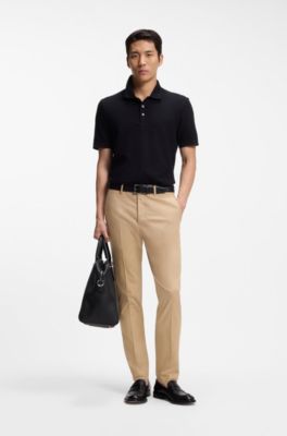 Slim-fit trousers in cotton, silk and stretch, Beige
