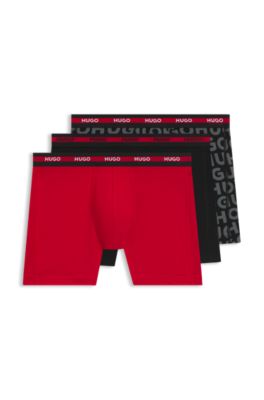 Three-pack of boxer briefs with repeat-logo waistbands, Black / Dark Grey / Red