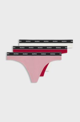 Three-pack of stretch-cotton thongs with logo waistbands, White / Pink