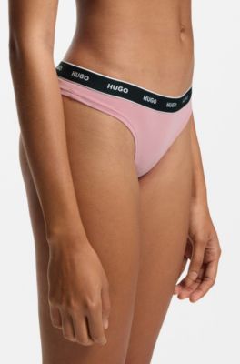 Three-pack of stretch-cotton thongs with logo waistbands, White / Pink