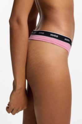 Three-pack of stretch-cotton thongs with logo waistbands, White / Pink