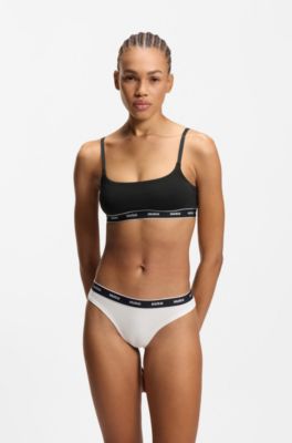 Three-pack of stretch-cotton thongs with logo waistbands, White / Pink