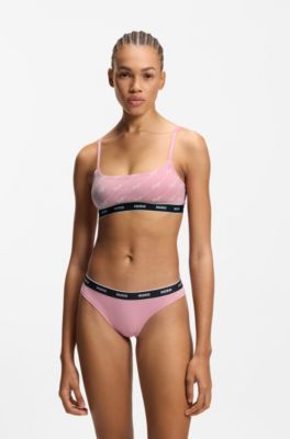 Three-pack of stretch-cotton thongs with logo waistbands, White / Pink