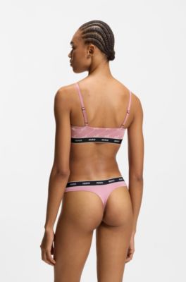 Three-pack of stretch-cotton thongs with logo waistbands, White / Pink