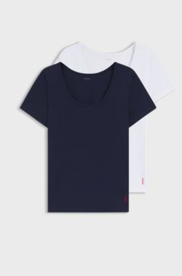 Set van twee ondergoed-T-shirts van stretchkatoen, Wit / donkerblauw