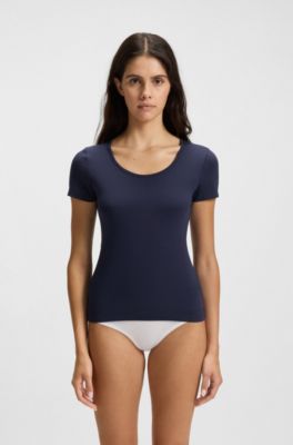 Set van twee ondergoed-T-shirts van stretchkatoen, Wit / donkerblauw