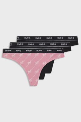 Three-pack of stretch-cotton thongs with logo details, Black / Pink
