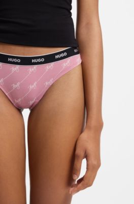 Three-pack of stretch-cotton thongs with logo details, Black / Pink