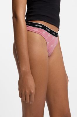 Three-pack of stretch-cotton thongs with logo details, Black / Pink