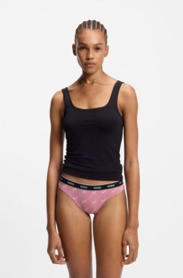 Three-pack of stretch-cotton thongs with logo details, Black / Pink