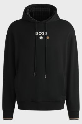 Cotton-terry hoodie with tennis artwork, Black