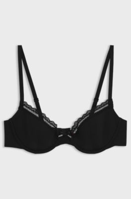 Lace-trim bra in stretch microfibre, Black