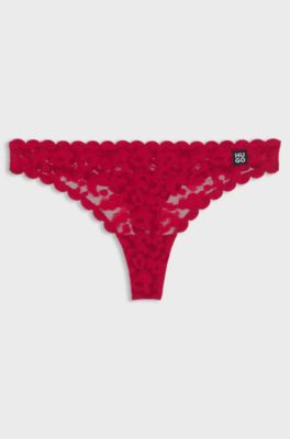 Low-rise thong in leopard-print lace, Red