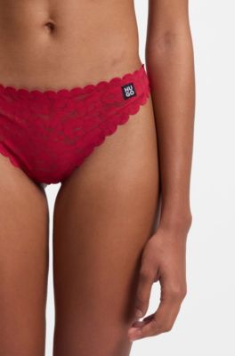 Low-rise thong in leopard-print lace, Red