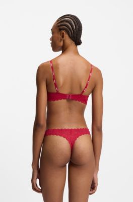 Low-rise thong in leopard-print lace, Red