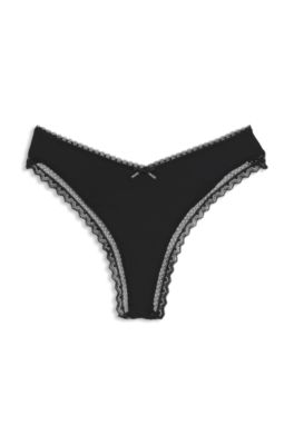 Lace-trim thong in stretch microfibre, Black