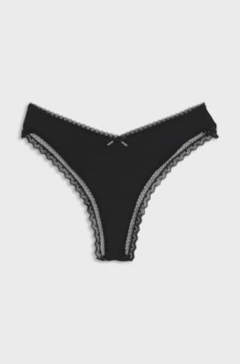 Lace-trim thong in stretch microfibre, Black
