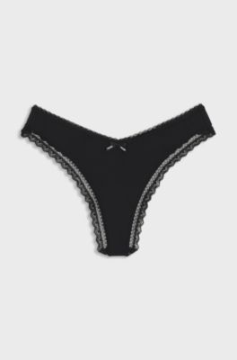 Lace-trim thong in stretch microfibre, Black