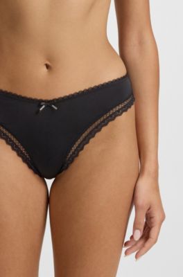 Lace-trim thong in stretch microfibre, Black