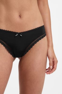 Lace-trim thong in stretch microfibre, Black