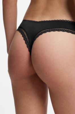 Lace-trim thong in stretch microfibre, Black