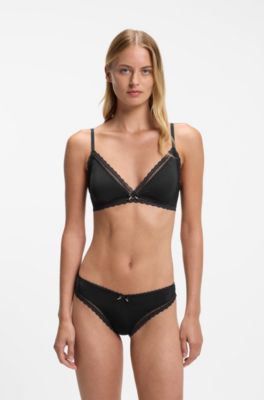 Lace-trim thong in stretch microfibre, Black