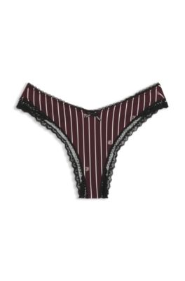 Lace-trim thong in stretch microfibre, Dark Red