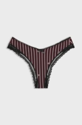 Lace-trim thong in stretch microfibre, Dark Red