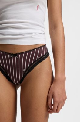 Lace-trim thong in stretch microfibre, Dark Red