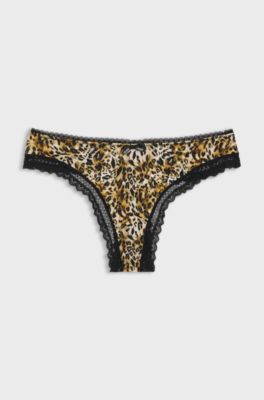 Lace-trim thong in stretch microfibre, Patterned