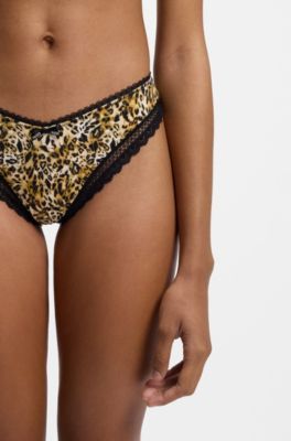 Lace-trim thong in stretch microfibre, Patterned