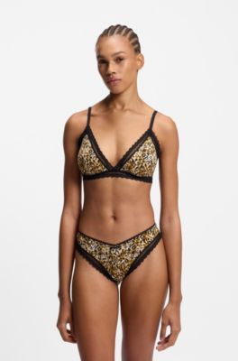 Lace-trim thong in stretch microfibre, Patterned