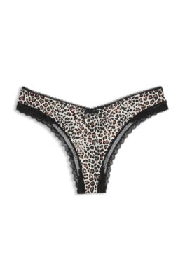 Lace-trim thong in stretch microfibre, Patterned