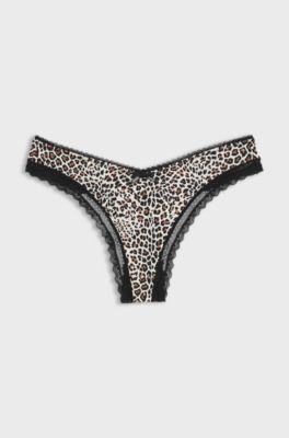 Lace-trim thong in stretch microfibre, Patterned