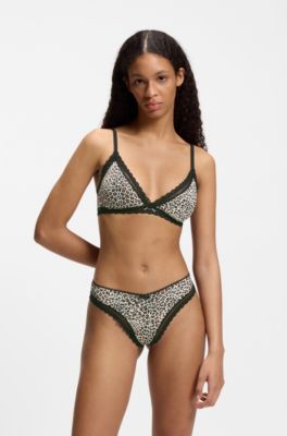Lace-trim thong in stretch microfibre, Patterned