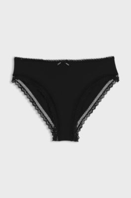 Regular-rise briefs in stretch microfibre with lace trim, Black