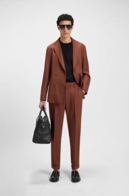 마이크로 패턴 버진 울 테이퍼드 핏 팬츠, 브라운