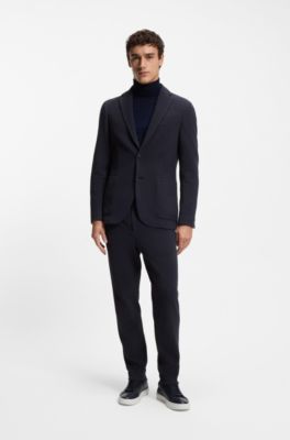 Slim-fit blazer in a micro-patterned cotton blend, Dark Blue