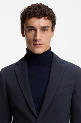 Slim-fit blazer in a micro-patterned cotton blend, Dark Blue