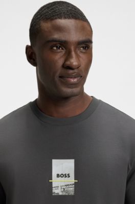 Relaxed-fit T-shirt in stretch cotton with photo print, Dark Grey