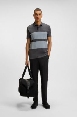 Cotton-piqu&eacute; polo shirt with block stripes, Grey